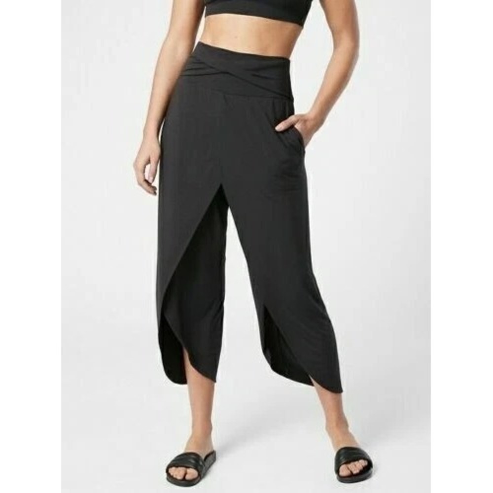Athleta Black Wrap Front Lounge Yoga Sz Small Pants Draped Leg Slits Relaxed Fit - Picture 2 of 12